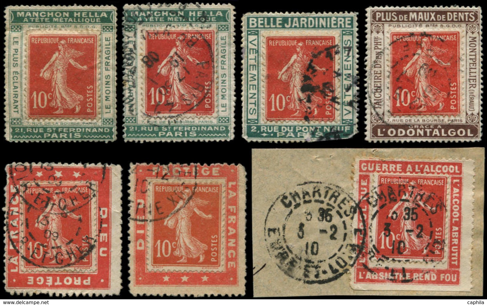 O FRANCE - Poste - 138, Collection De 7 Portes Timbres: Hella X 2, Belle Jardinière, Odontalgol, Dieu X 2, Guerre à L'al - 1849-1850 Cérès