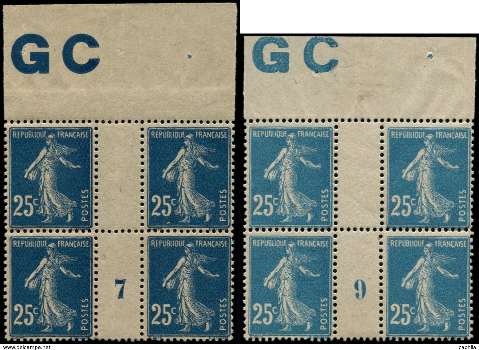 ** FRANCE - Poste - 140, 2 Blocs De 4, Millésime "7" Et "9" + Manchette GC: 25c. Semeuse Bleu - 1849-1850 Cérès