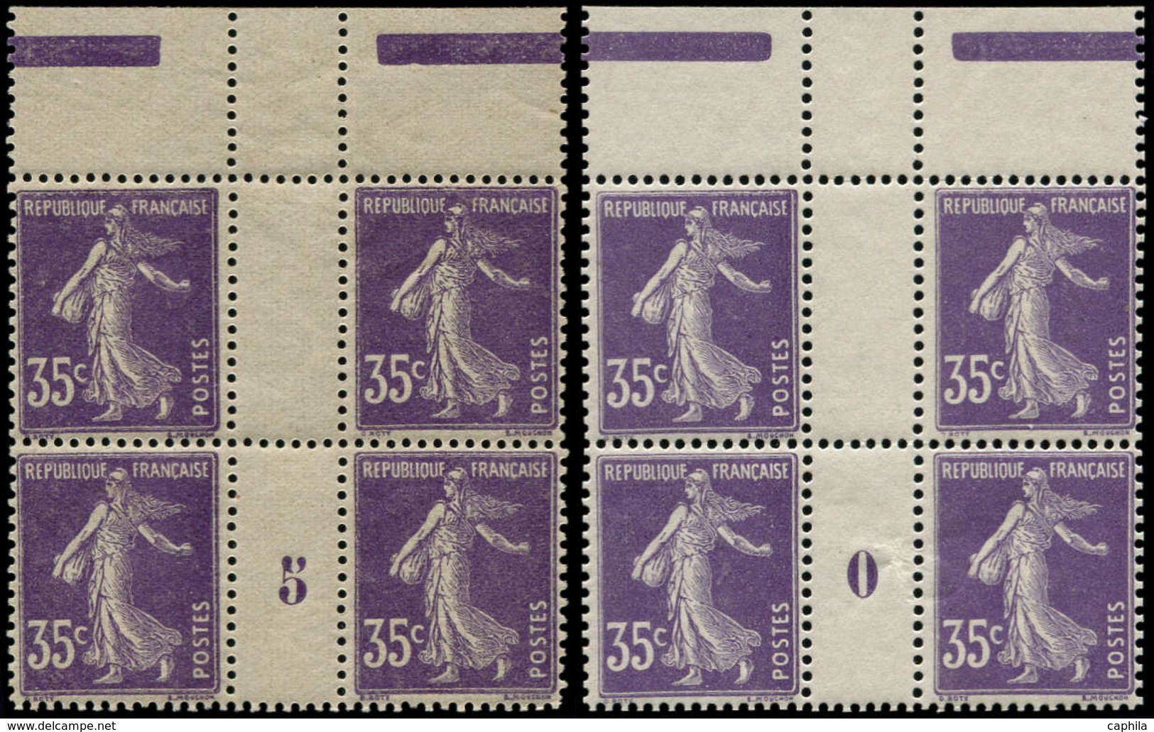 ** FRANCE - Poste - 142, 2 Blocs De 4, Millésimes "0" Et "5": 35c. Semeuse Violet - 1849-1850 Cérès