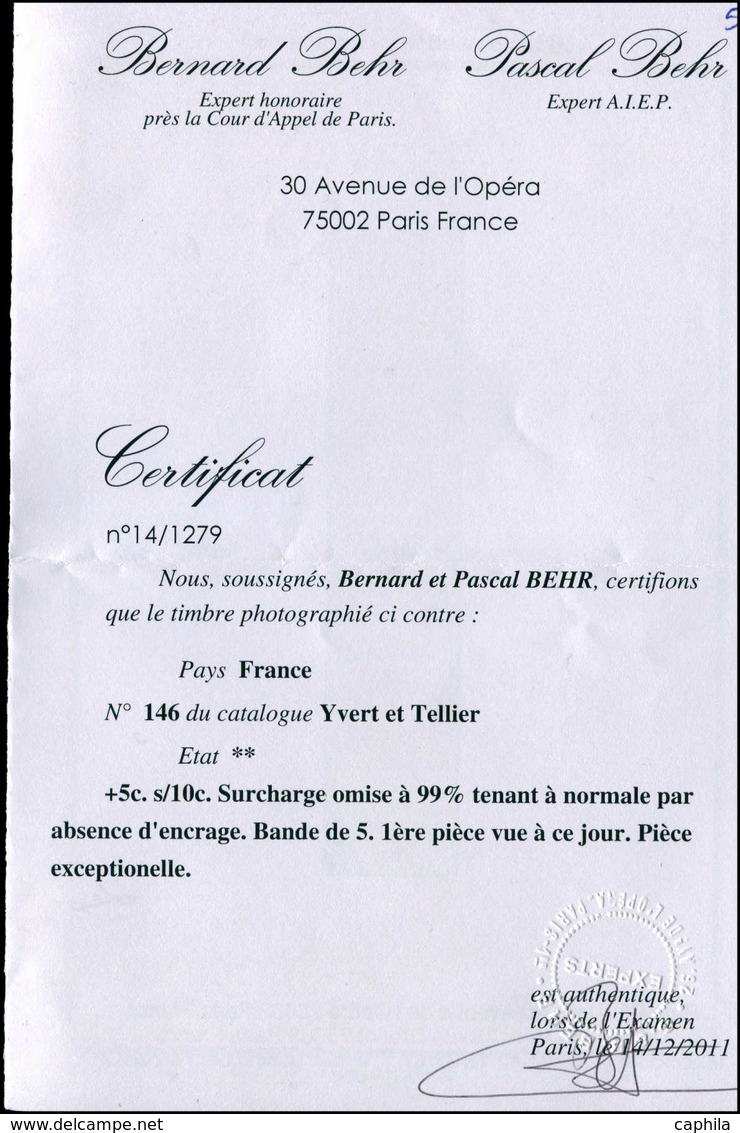 ** FRANCE - Poste - 146, Bande De 5, Un Ex. Sans Surcharge Par Manque D'encrage, Signé Calves + Certificat Photo Behr (u - 1849-1850 Cérès