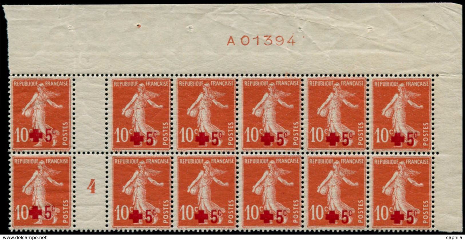 ** FRANCE - Poste - 146, Bloc De 12, Haut De Feuille Avec Essai De Numérotation "A01394": 10+5c. Semeuse Croix-Rouge - 1849-1850 Cérès