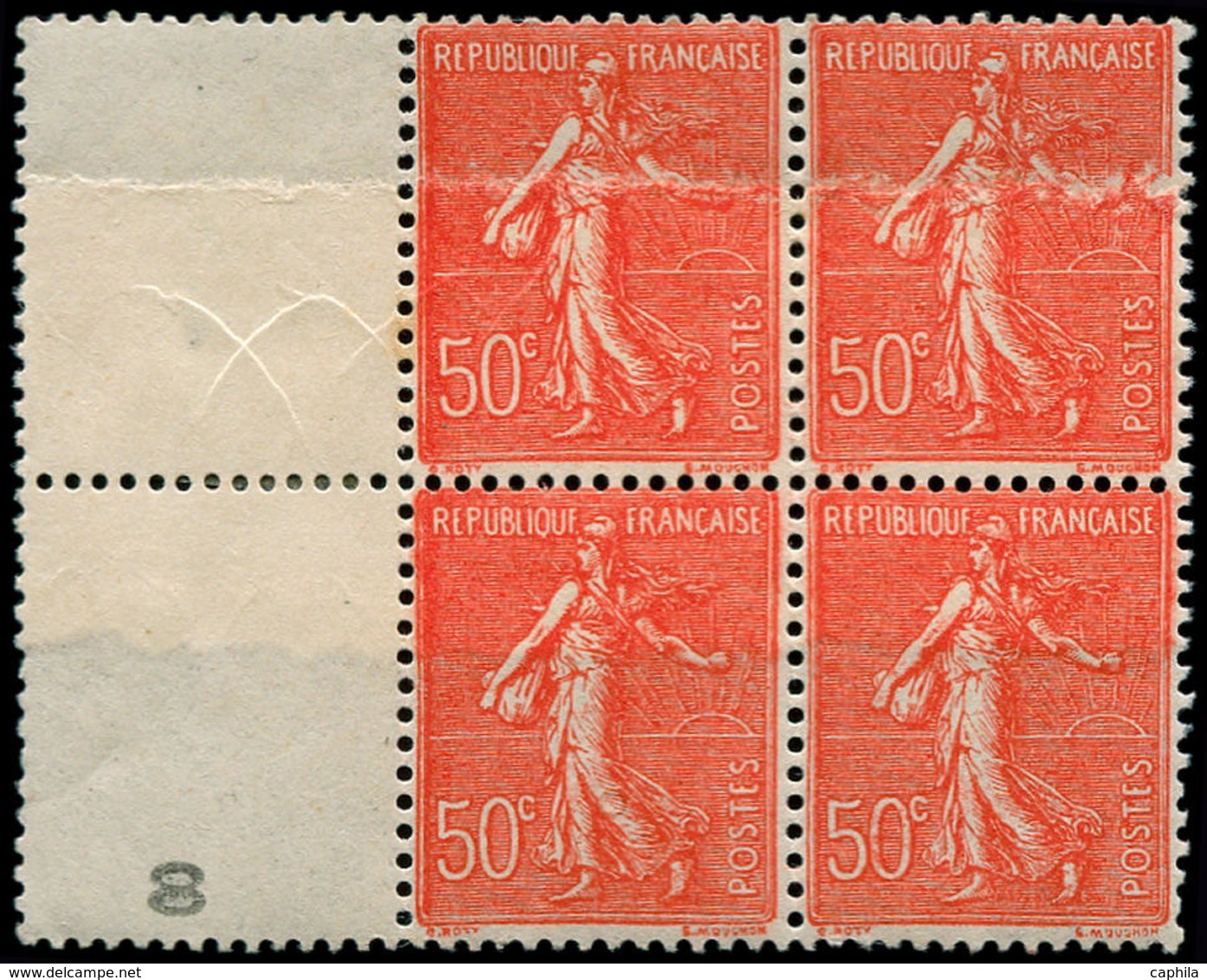 ** FRANCE - Poste - 199, Bloc De 4, 2 Exemplaires Impression Sur Raccord: 50c. Semeuse Rouge (Spink) - 1849-1850 Cérès