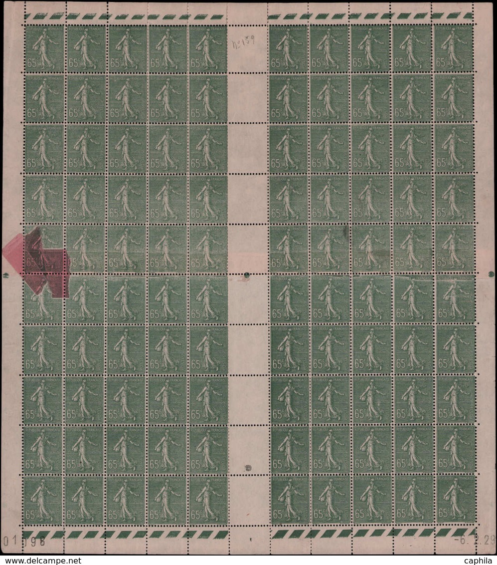 ** FRANCE - Poste - 234c, Feuille De 100, Impression Sur Raccord Sur 10 Timbres Avec Sonnette, Cd 6/2/29: 65c. Semeuse - 1849-1850 Cérès