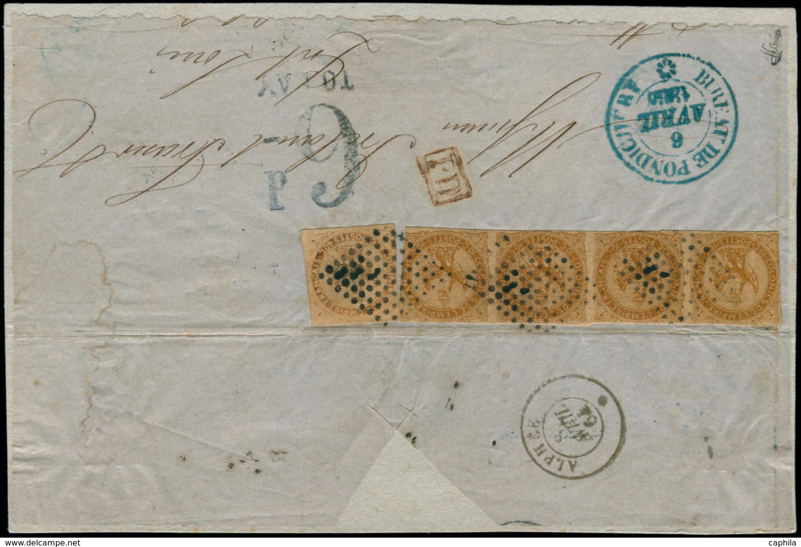 COLONIES GENERALES - Poste - 3 (x4) + 5 (x1), Devant De Lettre, Départ Pondichéry Pour Paris Avec Taxe Anglaise, Signé B - Autres & Non Classés