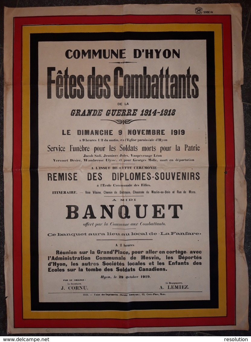 Grande Affiche Couleur - HYON - Fête Des Combattants Grande Guerre 1914-1918, Remise Des Diplômes-souvenirs, Banquet 9 N - Plakate