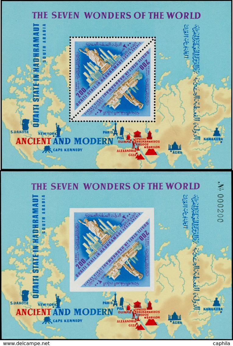 ** ADEN K'AITI - Blocs Feuillets - Michel 23 A+B, Dentelé + Non Dentelé, Blocs Non émis Avec Légende Inversées: "Colossu - Aden (1854-1963)