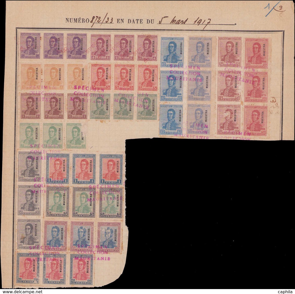 SPE ARGENTINE - Poste - 212/27, Complet, 16 Bandes De 3 Sur Page D'album UPU, Surchargés "Muestra", + Surcharge Rouge Sp - Autres & Non Classés