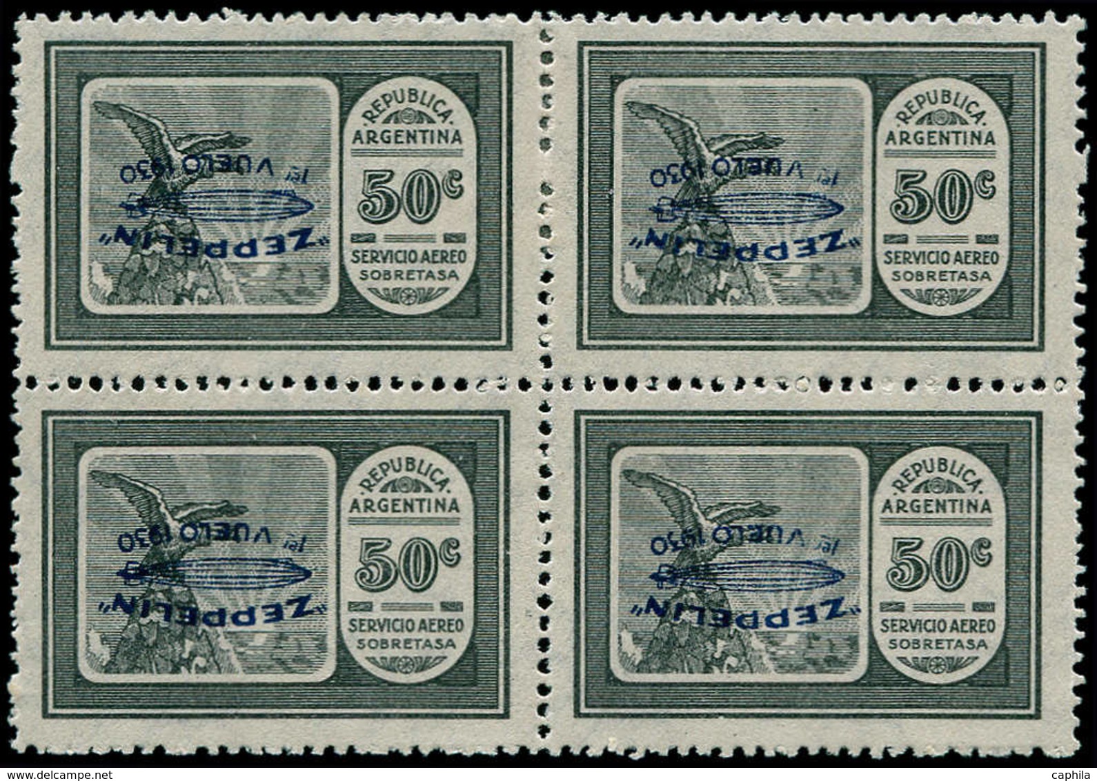 * ARGENTINE - Poste Aérienne - 19Ba, Bloc De 4, Surcharge Renversée (1 Ex **), Tirage 100, Signé: 50c. Noir Zeppelin 193 - Autres & Non Classés