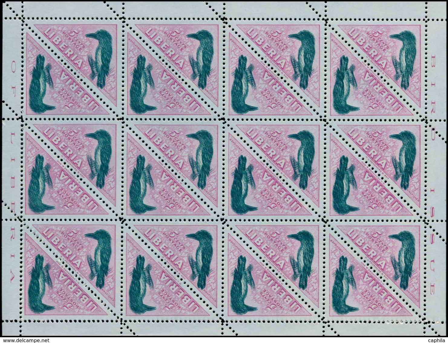 ** Oiseaux - Poste - Libéria, Yvert 321, Feuillet Complet De 24, Double Impression Du Vert, (oiseau): 5c. Kingfisher - Autres & Non Classés