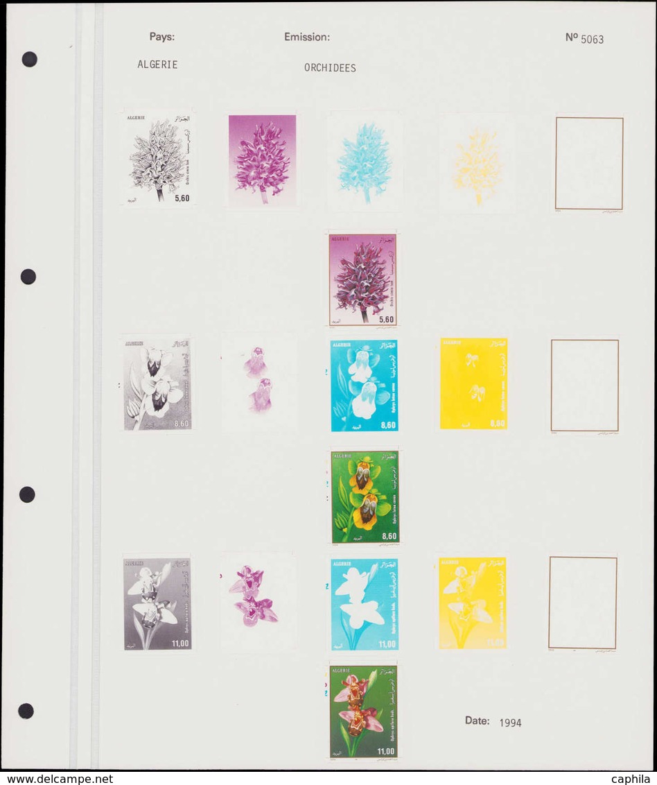 (*) Orchidées - Poste - Algérie Yvert 1059/61, Non Dentelés + 15 Essais Sur Feuille Officielle N° 5063 Des Archives Cour - Orchidées
