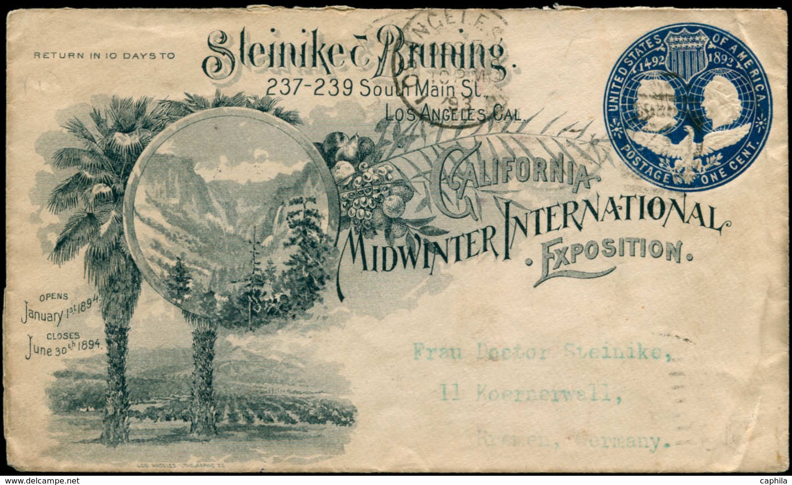 O Palmiers - Entiers Postaux - (1893), Usa, Enveloppe 5c. Bleu Colombus: "California Midwinneer Int. Expo". 2 Palmiers - Arbres