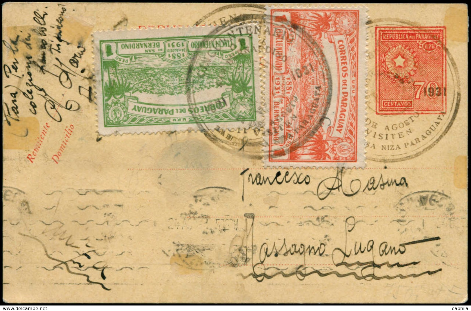 Palmiers - Entiers Postaux - Paraguay Cp. 70c. Rouge (+ Timbres Yvert 330/31), Illustrée Au Dos Reproduction De Timbre A - Arbres