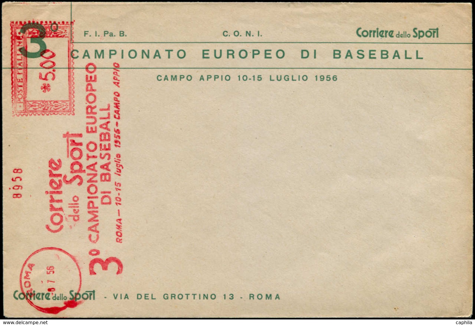 EMA Base-Ball & Cricket - Poste - Italie, Enveloppe Spéciale Base-ball, Ema Roma 5/7/56: "3° Campionato Europeo Base-bal - Basket-ball