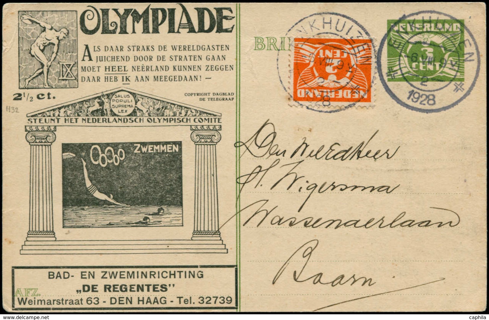 O Jeux Olympiques - Poste - Pays-Bas (1928), Cp 3c. Olive, Série F 4: "IX° Olympiade Natation" - Autres & Non Classés