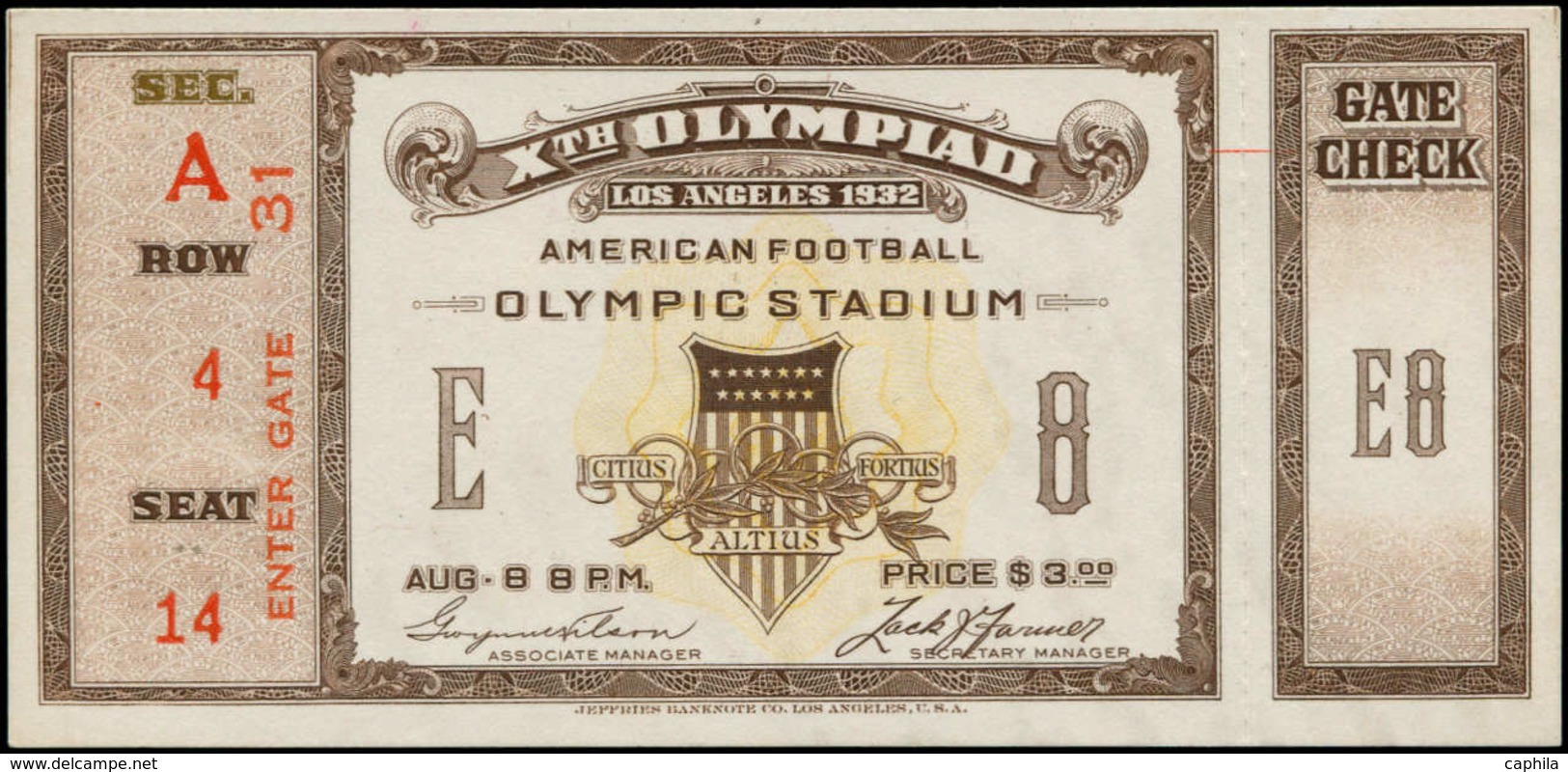 SUP Jeux Olympiques - Vignettes - USA, (1932), Ticket D'entrée 3$: "X Olympiad, American Football Olympic Stadium" - Autres & Non Classés