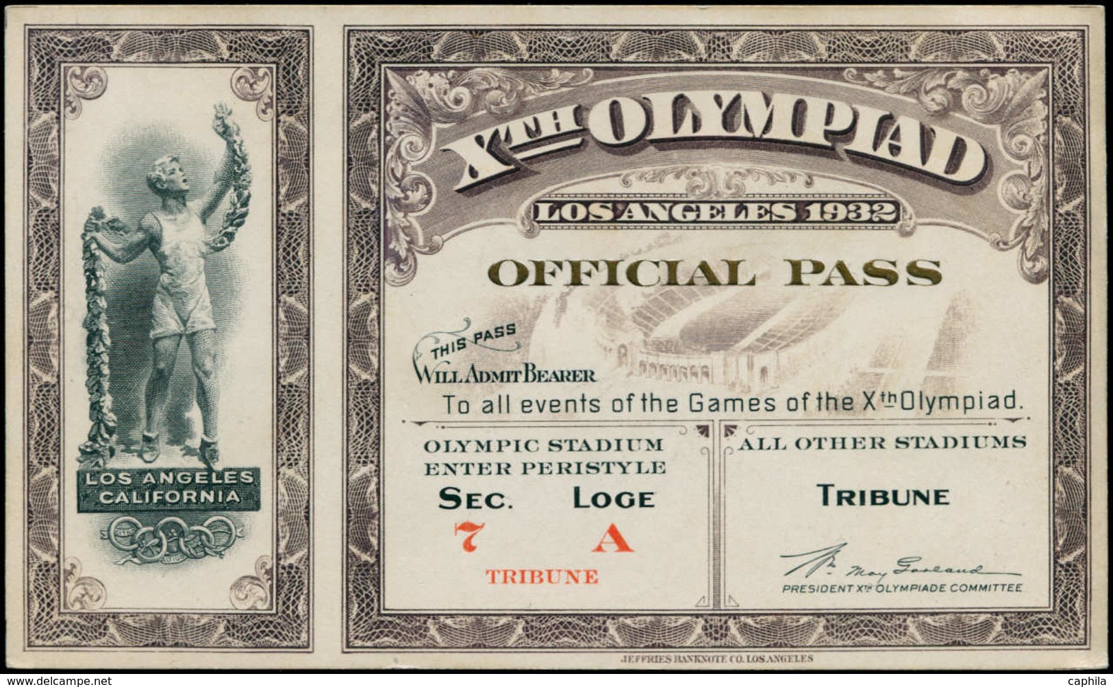 SUP Jeux Olympiques - Vignettes - USA, (1932) Ticket "Official Pass For All Events - X Olympiad, Tribune" - N° 0364 - Autres & Non Classés