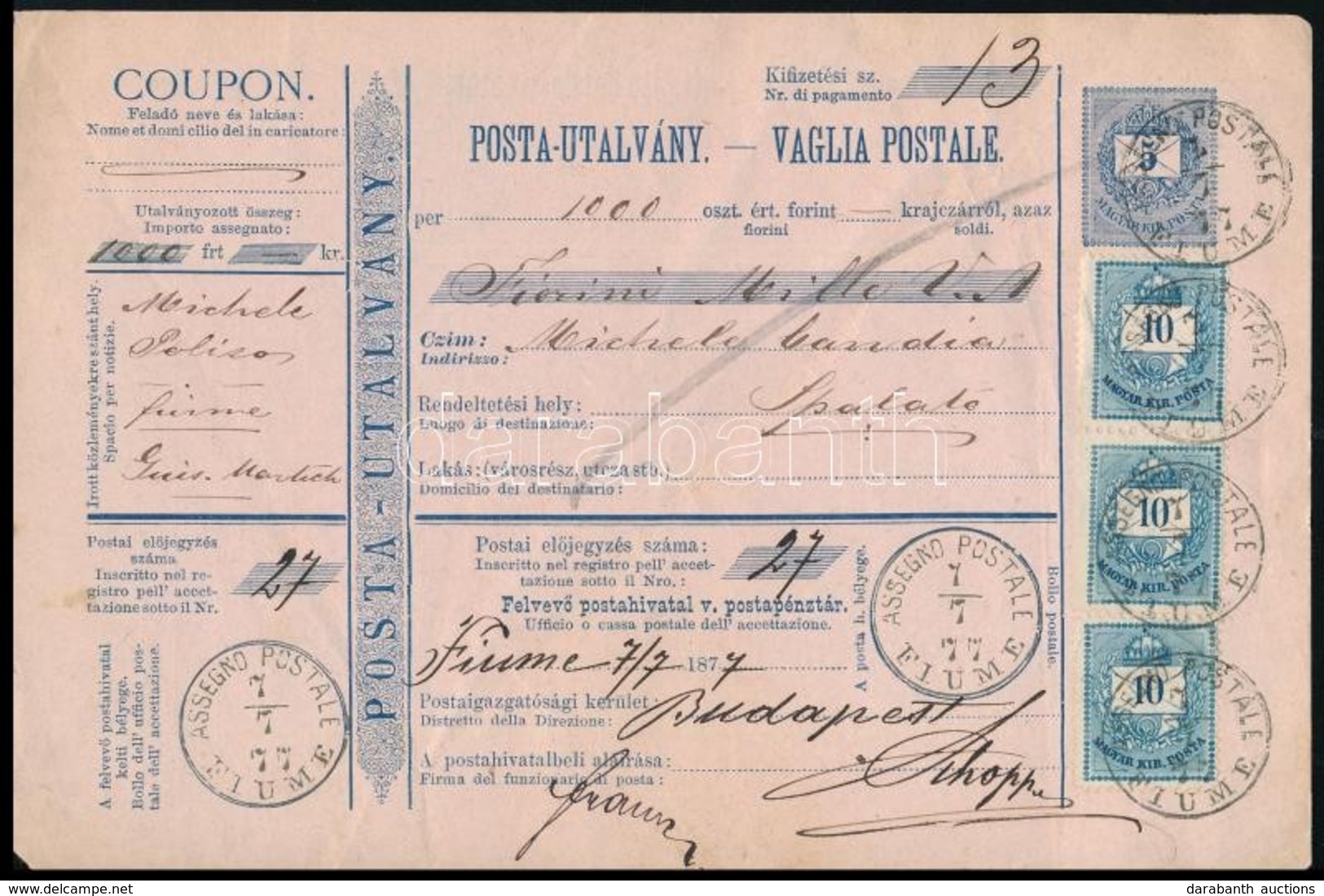 1877 Magyar-olasz Nyelvű Posta Utalvány 5 X 10kr + 5kr + 5kr Díjjegy, összesen 60kr Tarifa "FIUME" - "SPALATO" Igen Ritk - Other & Unclassified