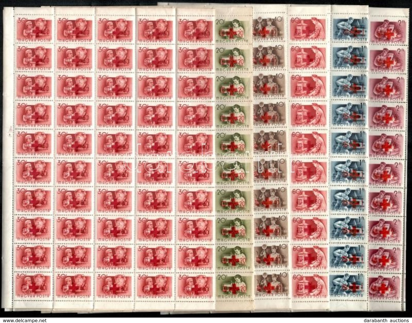 ** 1957 Vöröskereszt 100 Sor Hajtott Teljes ívekben (90.000) / Mi 1482-1487 Folded Complete Sheets Of 100 (gyártási Ránc - Otros & Sin Clasificación