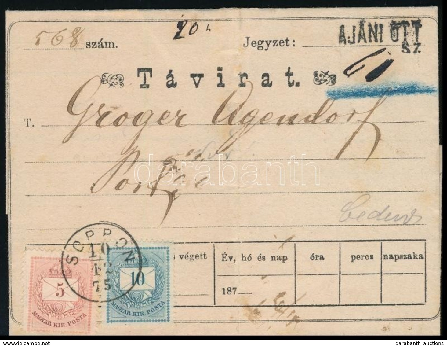 1875 Portózott Ajánlott Távirat 5kr + 10kr "SOPRON" - "ÁGFALVA / SOPRON M." - Otros & Sin Clasificación