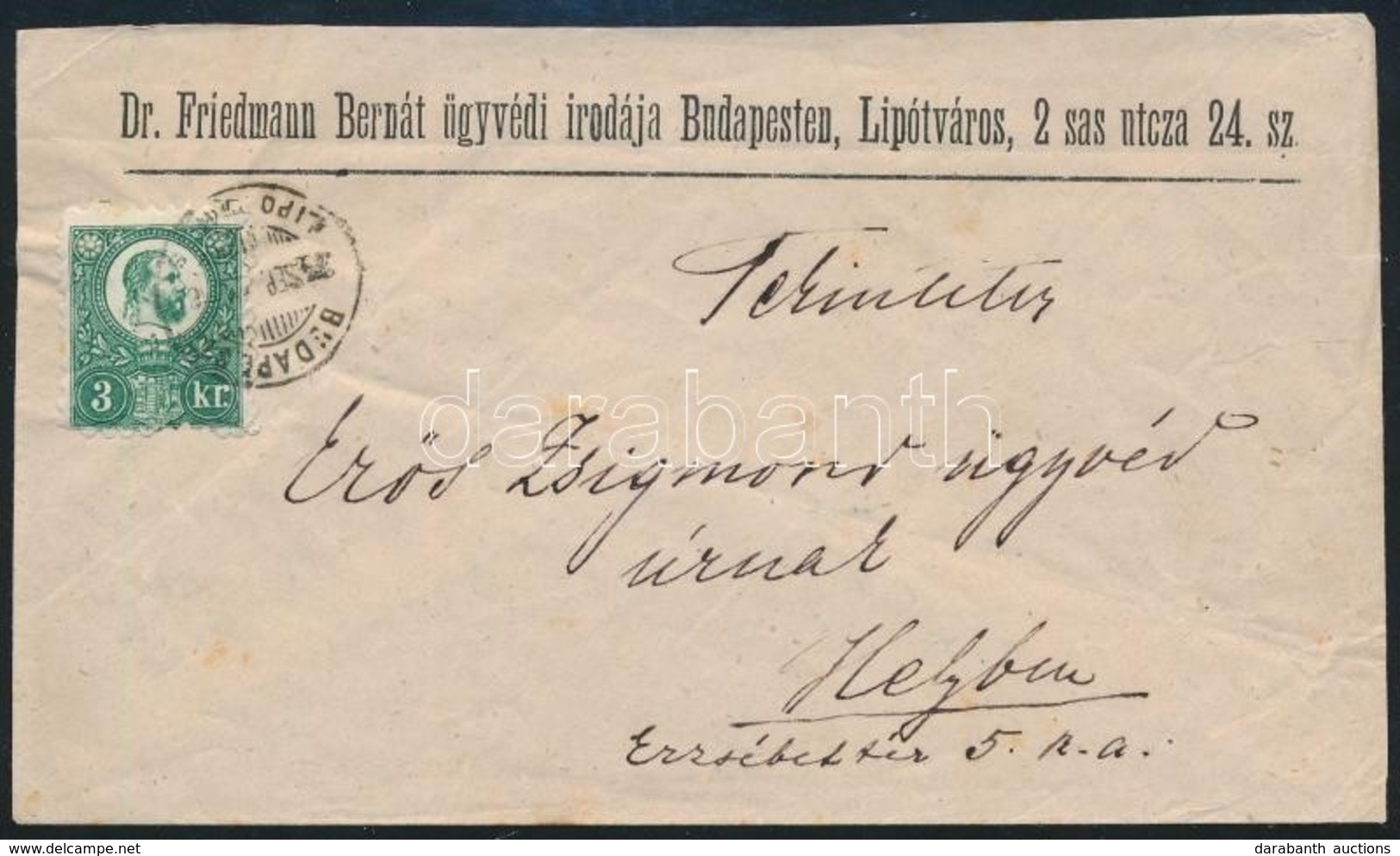 1874 Réznyomat 3kr Helyi Levélen "BUDAPEST LIPÓTVÁROS" - Sonstige & Ohne Zuordnung