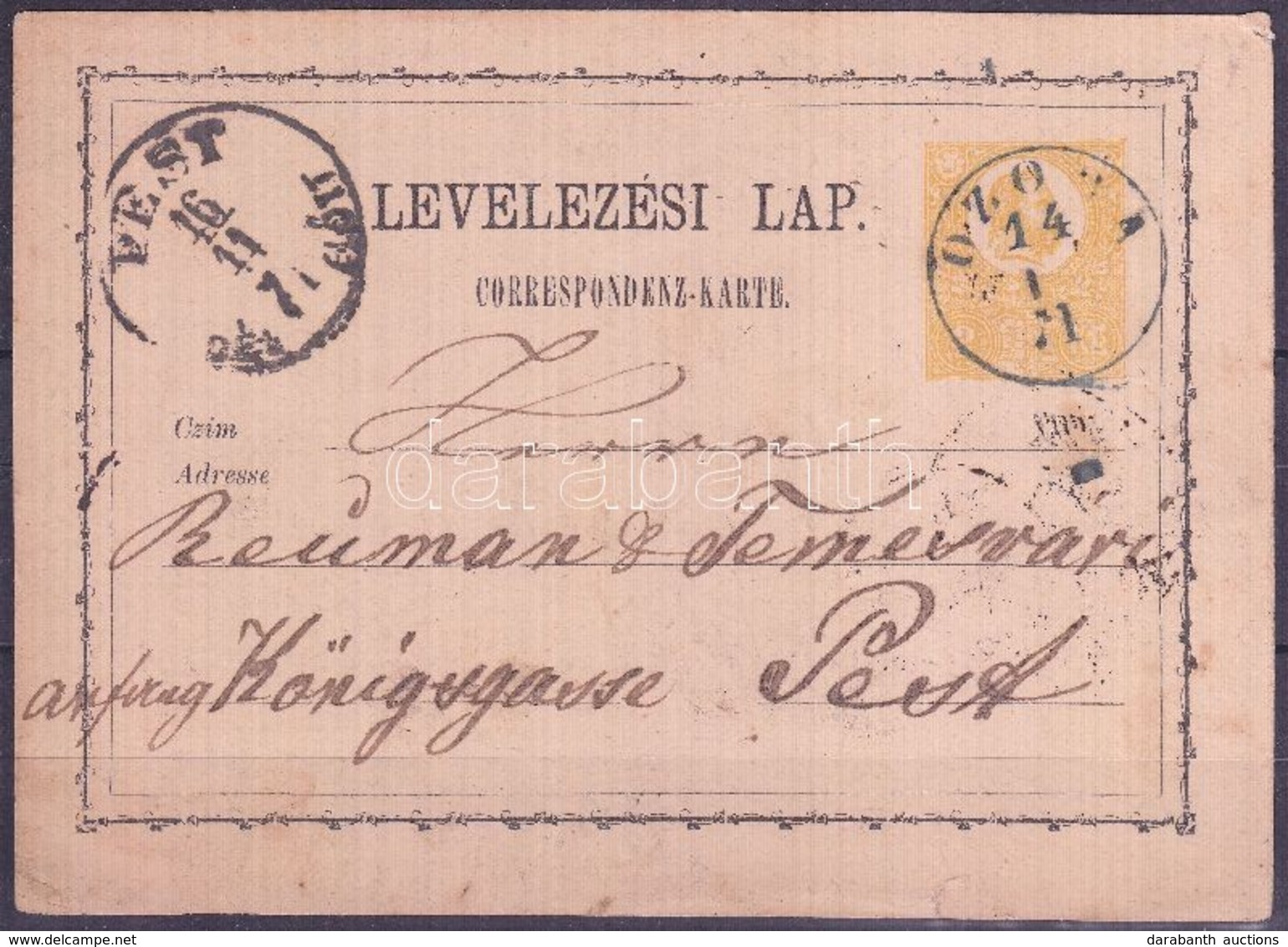 1871 Díjjegyes Levelezőlap / PS-card, Kék / Blue "OZORA" - "PEST" - Sonstige & Ohne Zuordnung