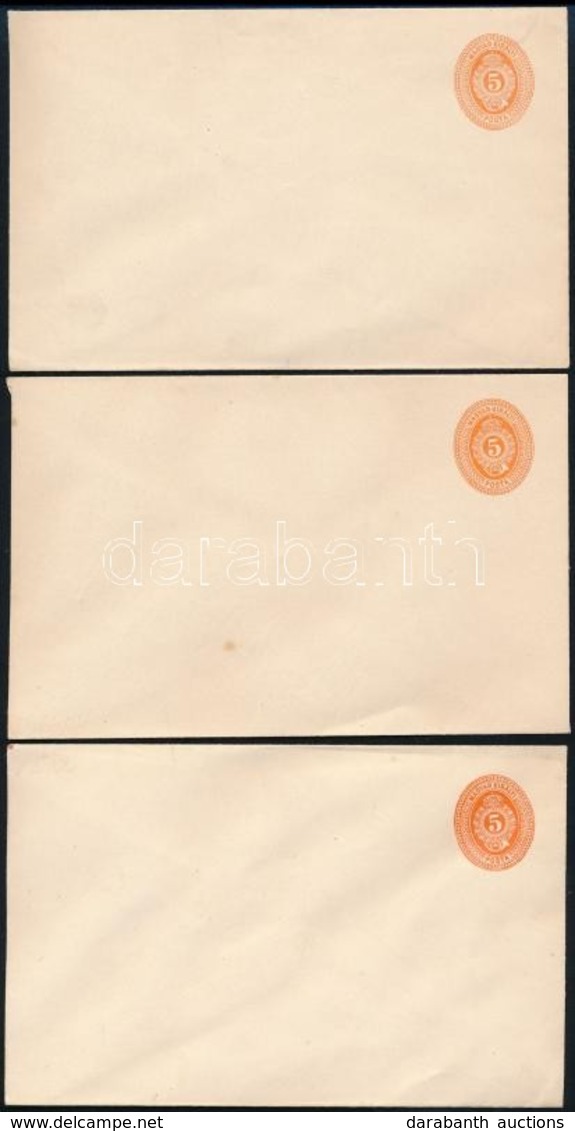 1887 3 Db Használatlan 5kr Díjjegyes Boríték Narancsvörös Ovális Díjjeggyel 150 X 95 Mm (6.000) - Sonstige & Ohne Zuordnung