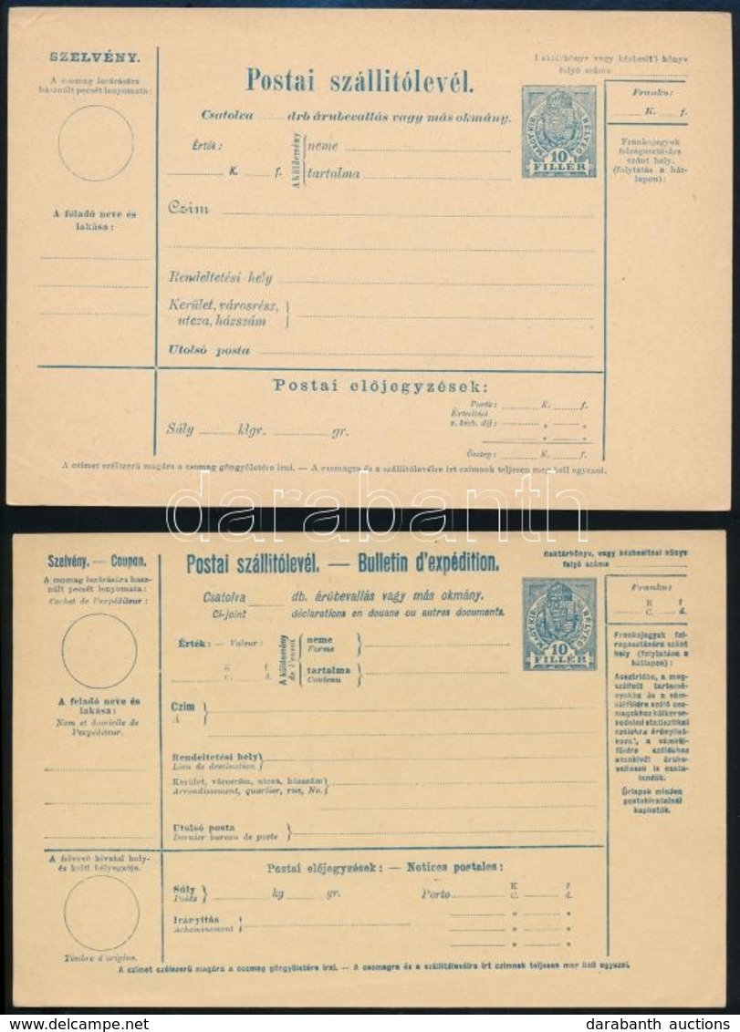 ~1910 2 Db 10f Használatlan Postai Szállítólevél, Fehér, 1 Magyar Nyelvű, 1 Kétnyelvű - Sonstige & Ohne Zuordnung
