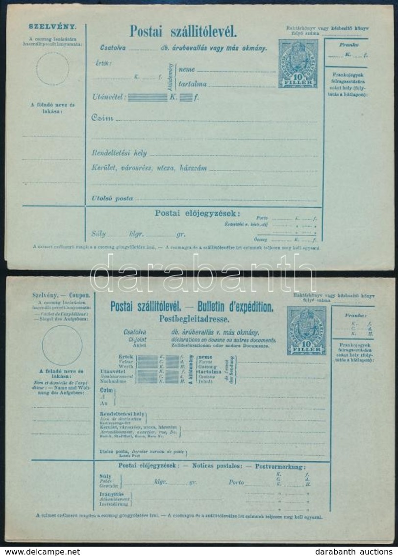 ~1910 2 Db 10f Használatlan Postai Szállítólevél, Kék, 1 Magyar Nyelvű, 1 Háromnyelvű - Sonstige & Ohne Zuordnung