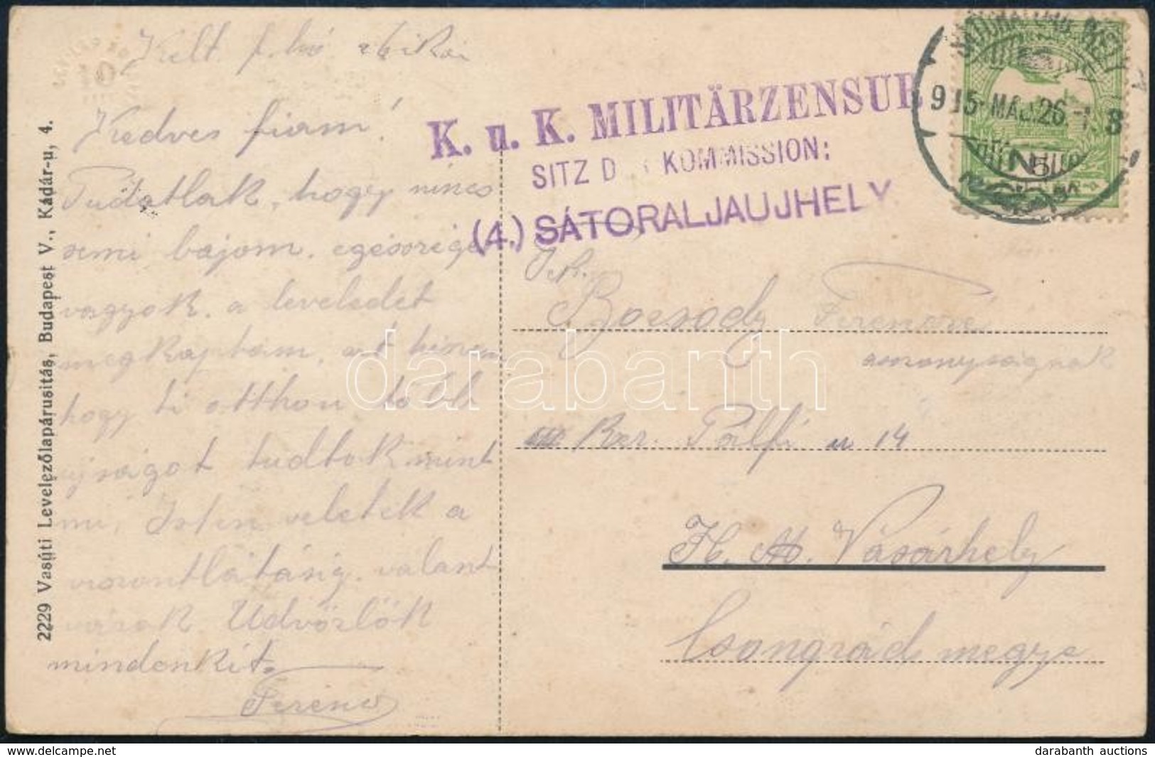 1915 Képeslap 5f Bérmentesítéssel "K.u.k. Miliärzensur SÁTORALJAÚJHELY" - Sonstige & Ohne Zuordnung