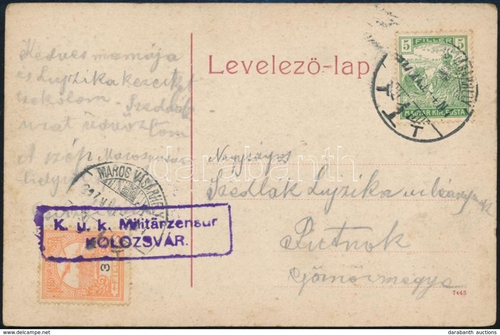 1917 Képeslap 3f + 5f Bérmentesítéssel "K.u.k. Miliärzensur KOLOZSVÁR" + "MAROSVÁRÁSHELY" - Sonstige & Ohne Zuordnung