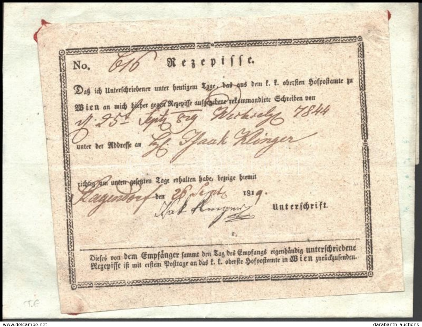 1819 Recepisse Szignettás Irathoz Csatolva / Sticked To A Document Wien - Ragendorf - Sonstige & Ohne Zuordnung