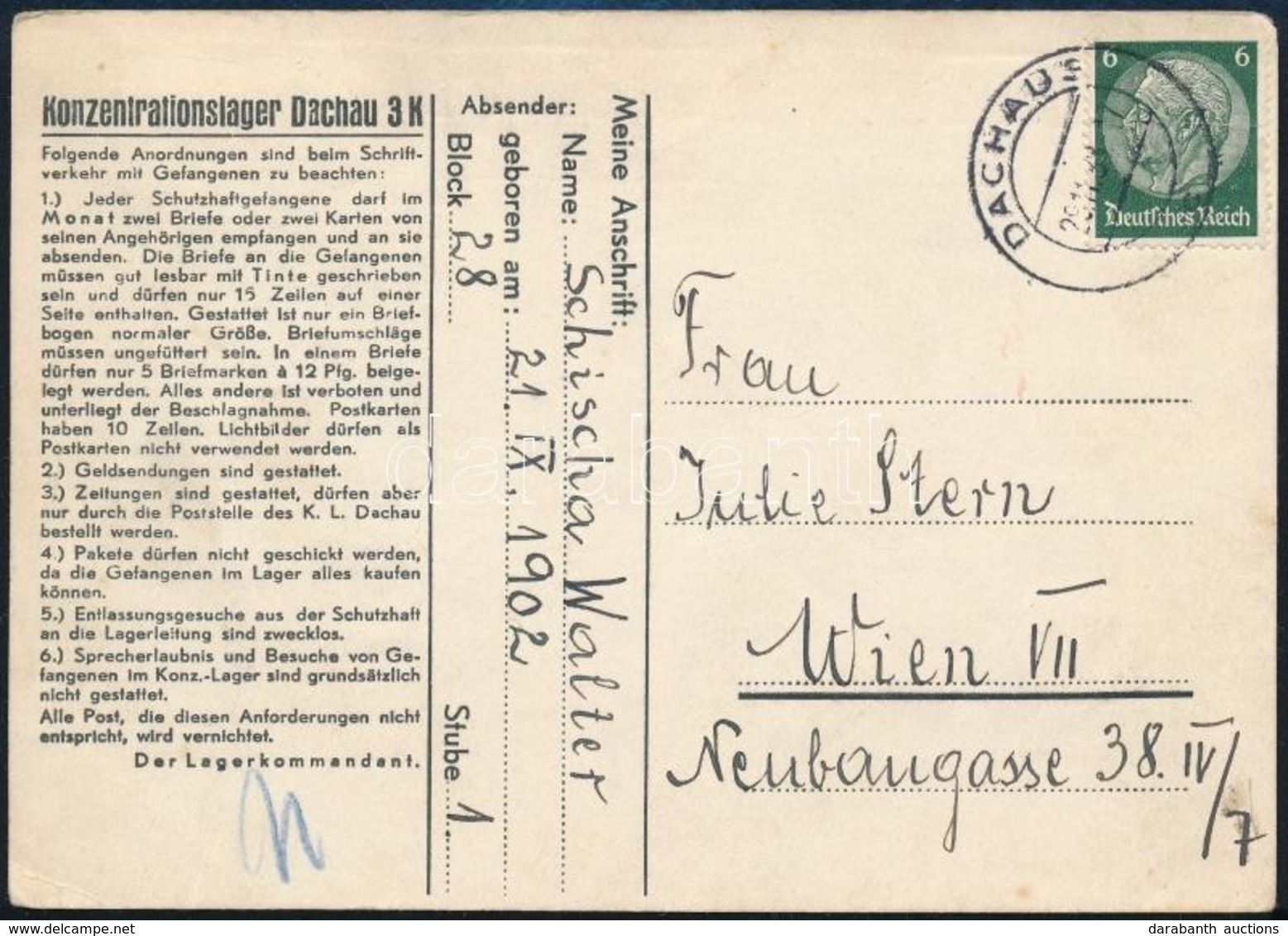 1938 Levelezőlap A Dachaui Koncentrációs Táborból - Sonstige & Ohne Zuordnung