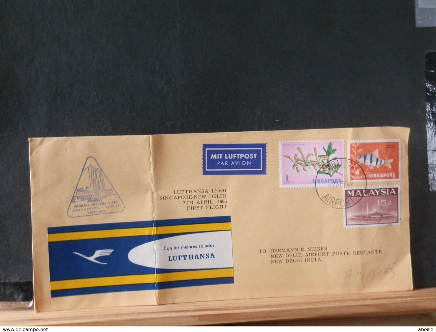 A11/880AD LETTRE SINGAPORE 1966  1° VOL LUFTHANSA - Singapore (1959-...)