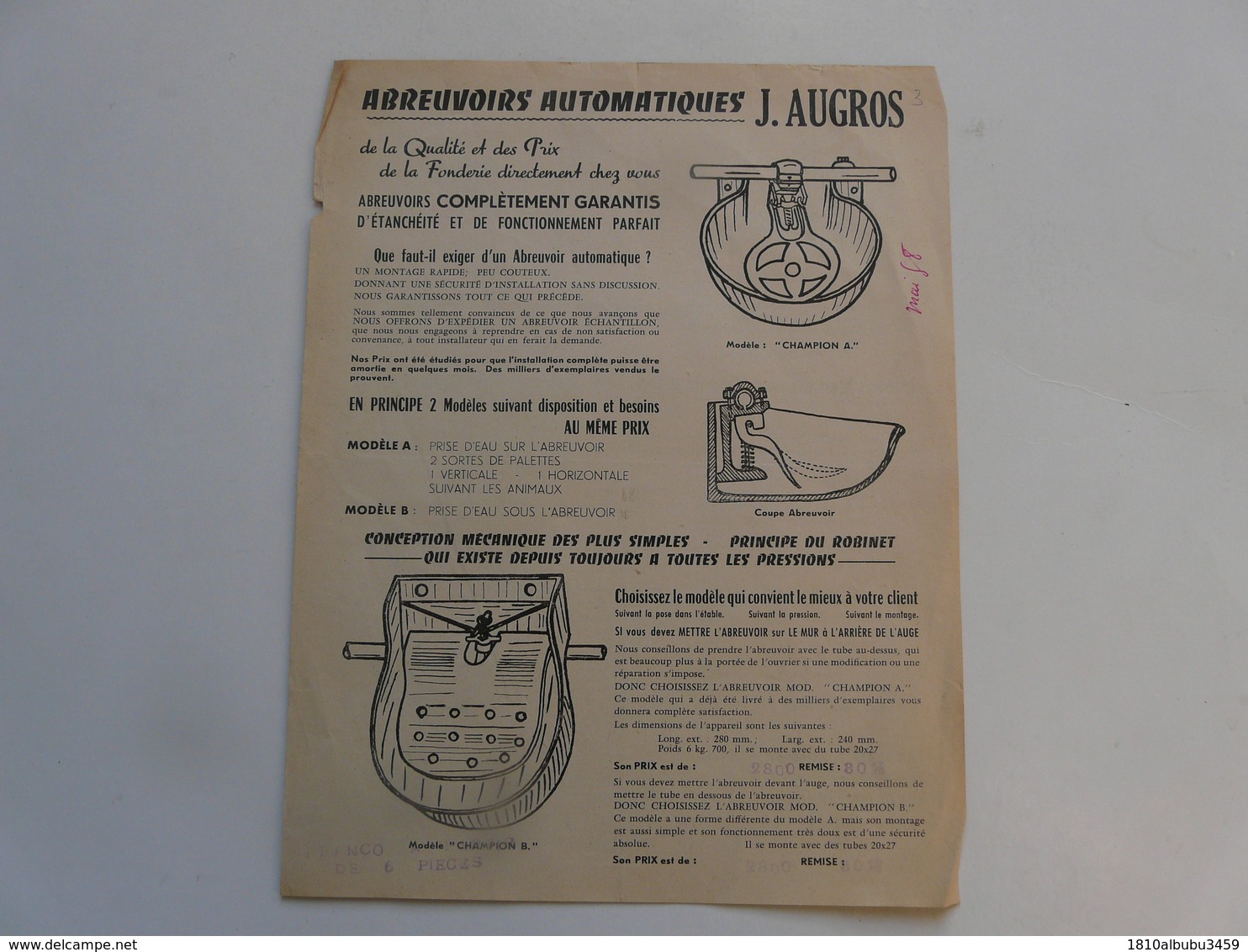 VIEUX PAPIERS - PUBLICITE : Abreuvoirs Automatiques J. AUGROS - Publicités