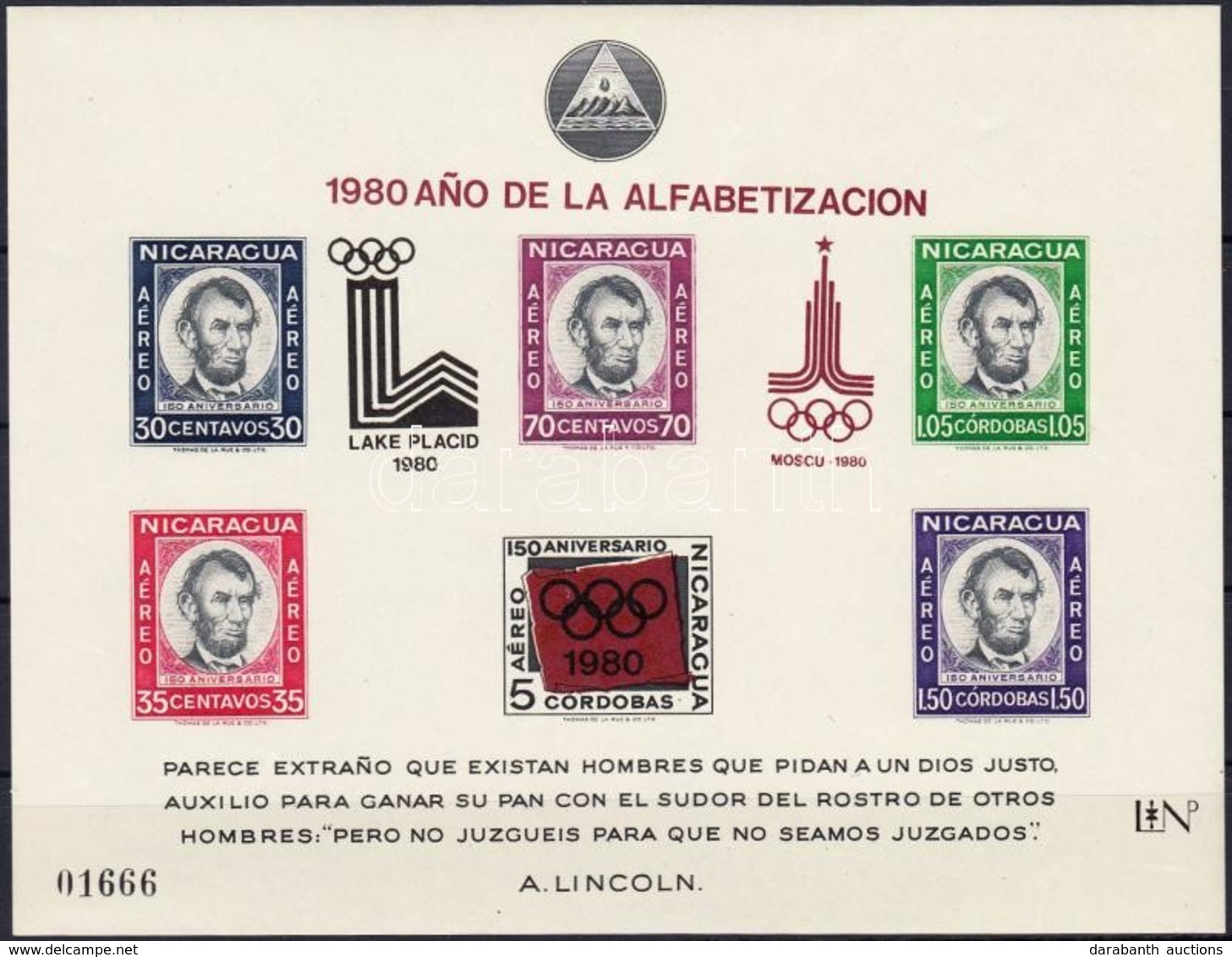 ** 1980 Téli és Nyári Olimpia; Lincoln Blokk Mi 126 - Otros & Sin Clasificación