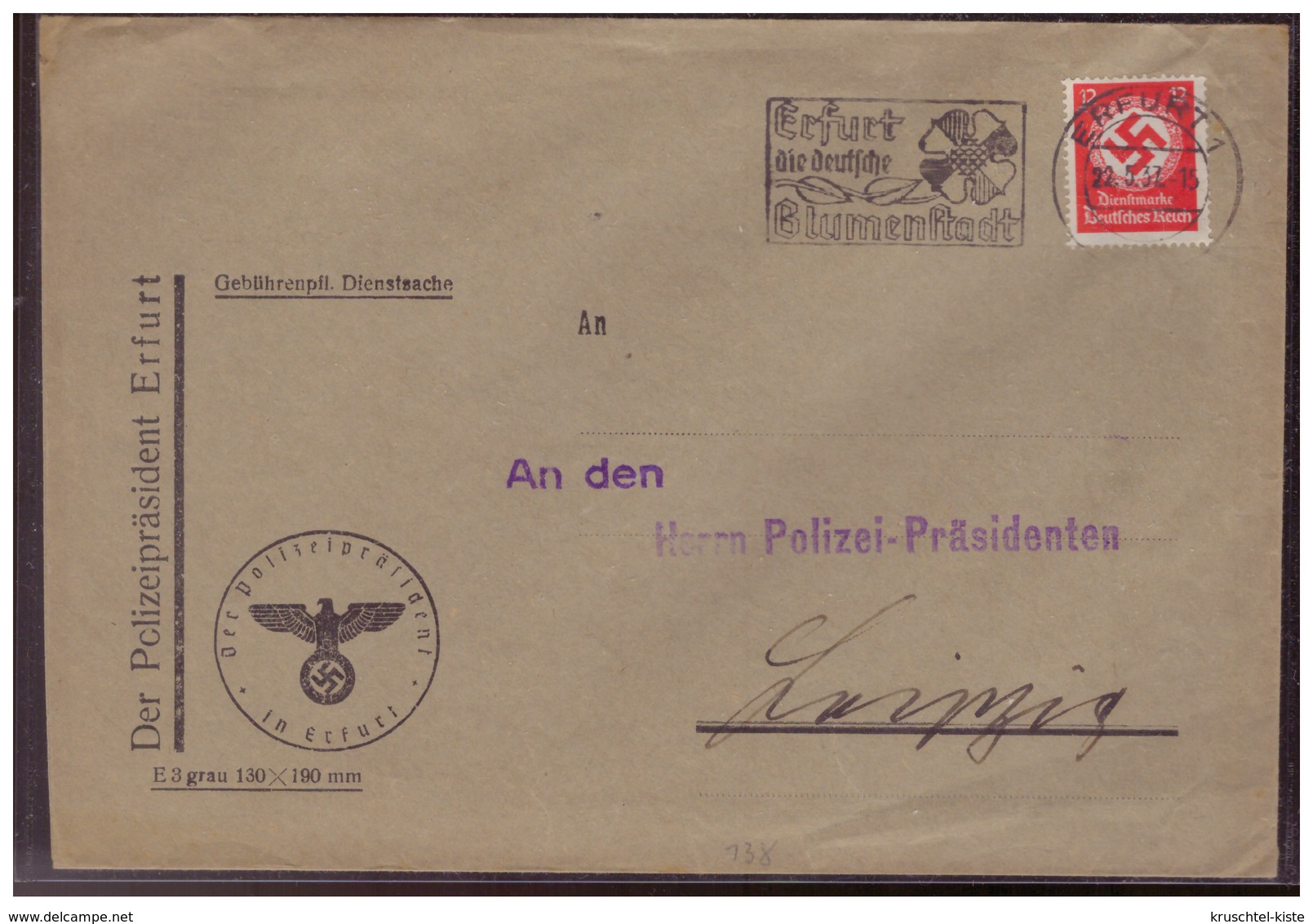 Dt- Reich (006102) Dienstbrief Polizeipräsident Erfurt An Den Polizei-Präsidenten Leipzig, Gelaufen Am 22.5.1937 - Lettres & Documents