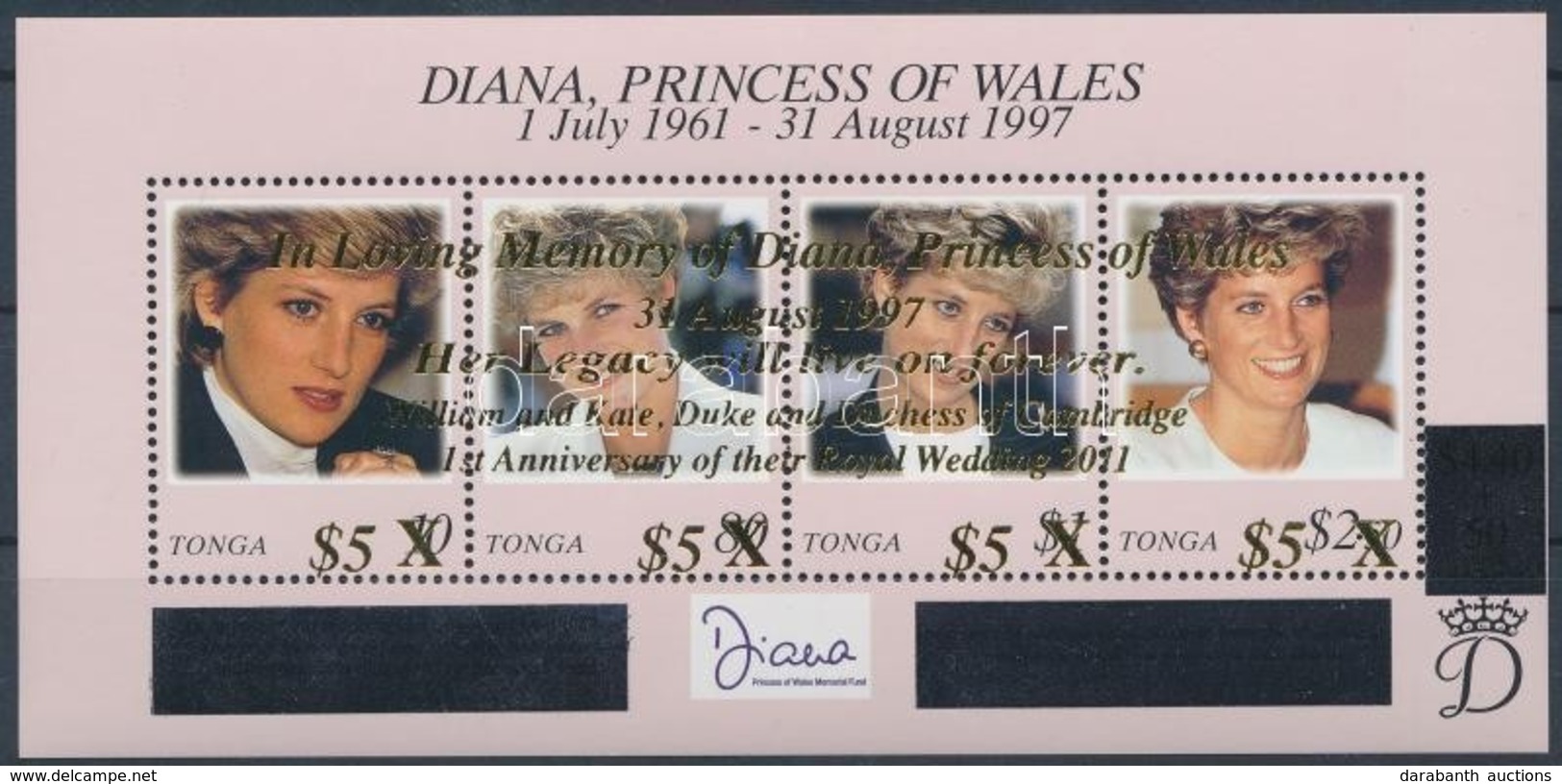 ** 2012 Lady Diana Emlékére, Vilmos Herceg és Kate Middleton Első Házassági évfordulója Felülnyomott Blokk Mi 58 - Sonstige & Ohne Zuordnung