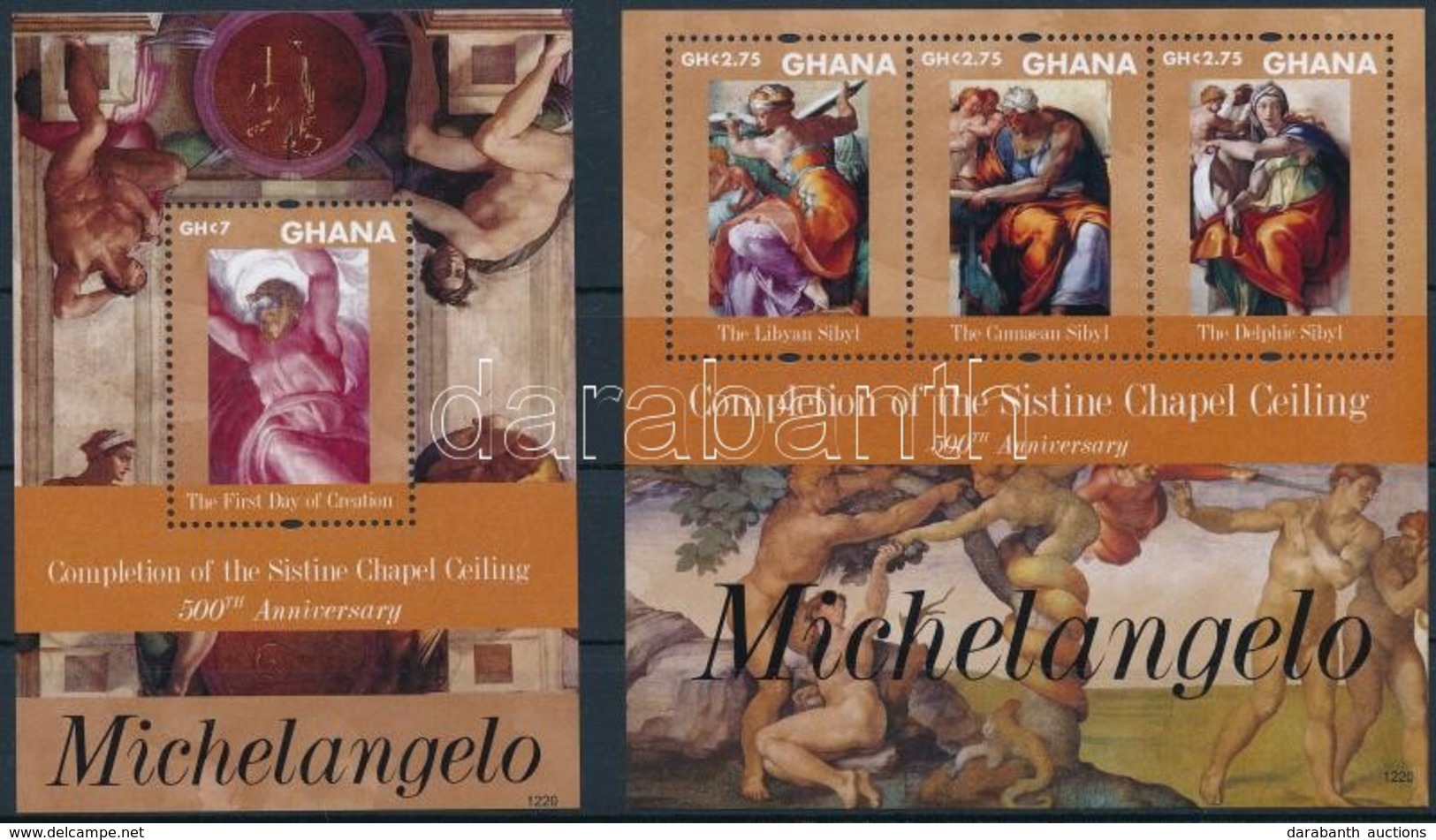 ** Ghána Michelangelo - A Sixtus-kápolna Mennyezetfreskója Kisív + Blokk - Sonstige & Ohne Zuordnung