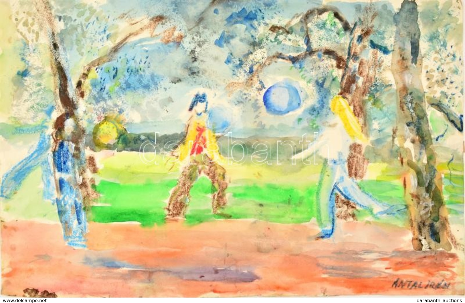 Antal Irén (1903-1999): Labdázók. Akvarell, Papír, Jelzett, 33×50 Cm - Sonstige & Ohne Zuordnung