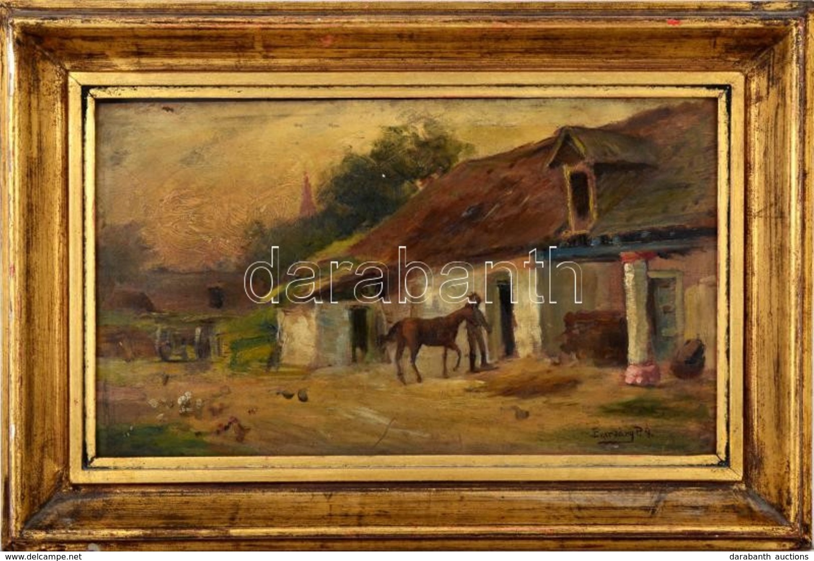 Egerváry Potemkin Ágost (1858-1930): Istálló Lóval. Jelzett, Olaj, Fa. 26x40 Cm Keretben - Sonstige & Ohne Zuordnung