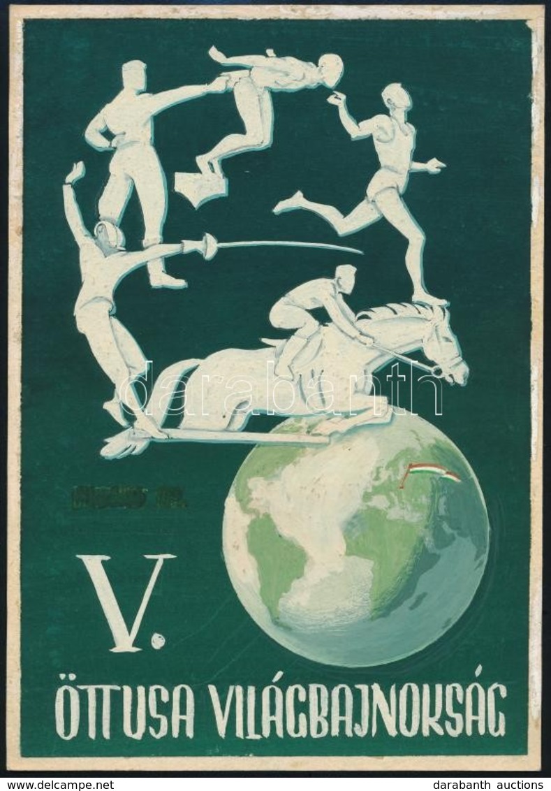 Olvashatatlan Jelzéssel: 1954 Öttusa Világbajnokság. Plakát Terv. Akvarell. Szerkesztői Feljegyzésekkel 17x25 Cm - Sonstige & Ohne Zuordnung