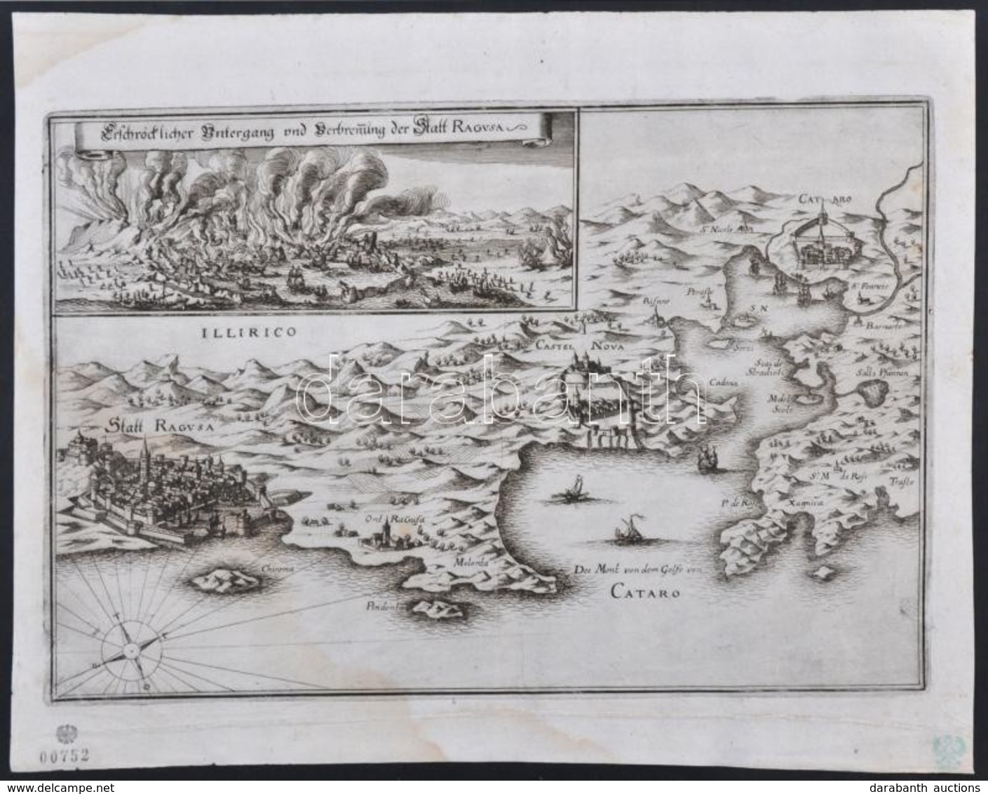 1702 Matthäus Meriam (1593-1650): Ragusa (Dubrovnik) Rézmetszett Képe / Etched Picture Of Ragusa 35x27 Cm - Stiche & Gravuren
