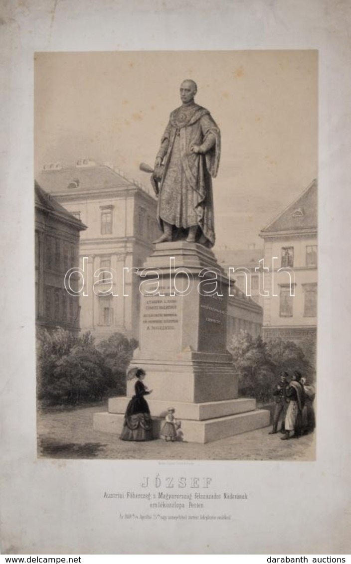 1869 József Austriai Főherczeg S Magyarország Félszázados Nádorának Emlékoszlopa Pesten. Kőnyomatos Kép 28x46 Cm - Stiche & Gravuren