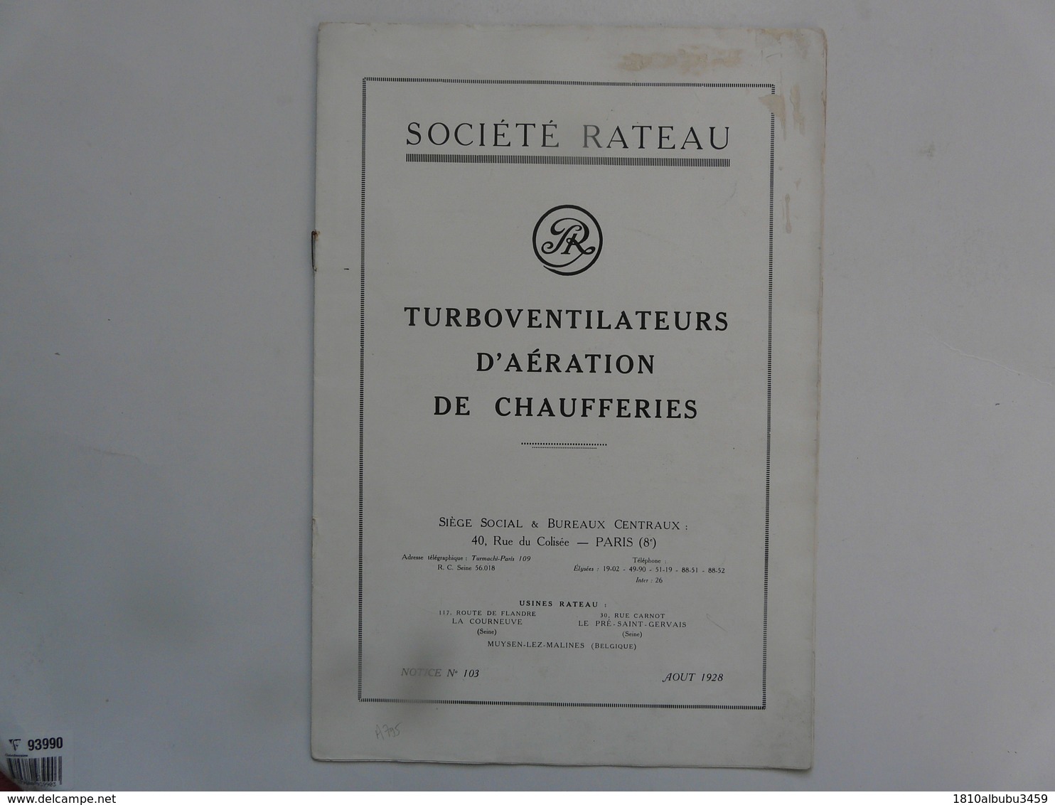 VIEUX PAPIERS - PUBLICITE : Notice Technique Sur Les Turboventilateurs D'aération De Chaufferies - Société RATEAU - Publicités