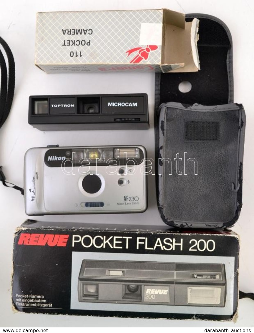 Vegyes Fényképezőgép Tétel, 3 Db: Nikon Af230 Tokban, Revue Pocket Flash 200, 110 Pocket Camera, Eredeti Dobozukban - Fotoapparate