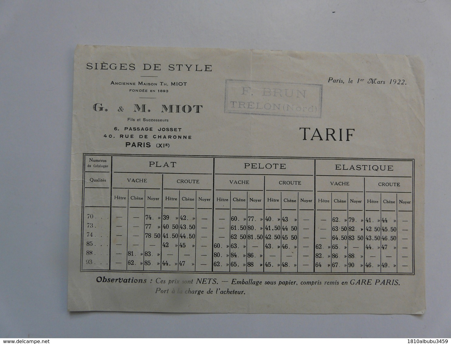 VIEUX PAPIERS - PUBLICITE : Tarif - Sièges De Style G. & M. MIOT - Reclame