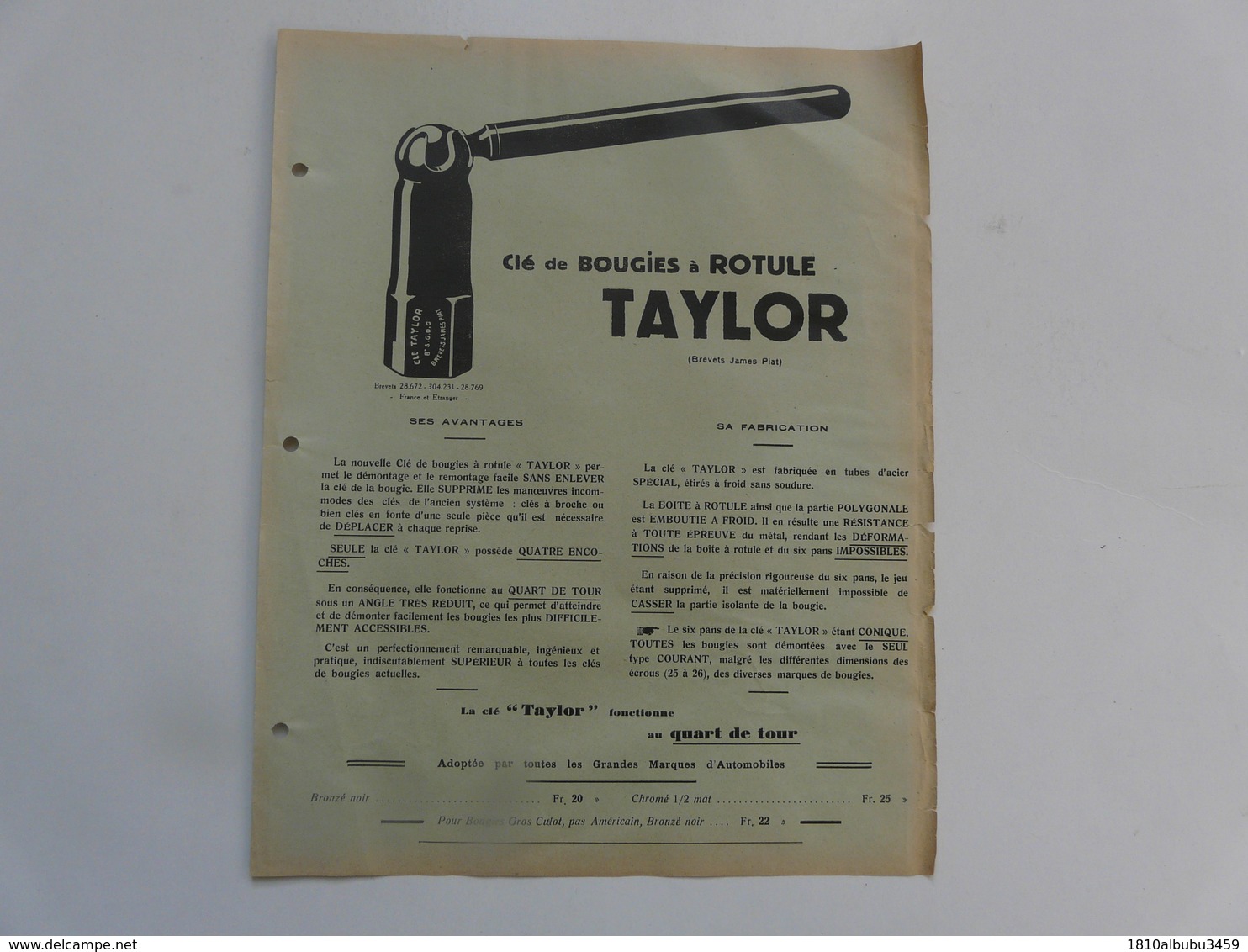 VIEUX PAPIERS - PUBLICITE : Clé De Bougies à Rotule TAYLOR - Publicités