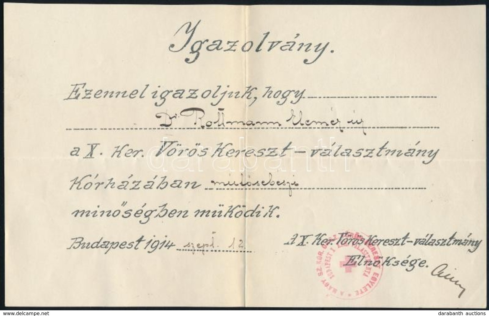 1914 Magyar Vöröskereszt Műtősebészi Igazolványa, Pecséttel, 13x21 Cm - Ohne Zuordnung