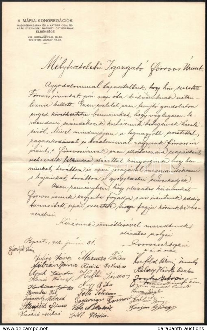 1918 A Mária-Kongregációk Hadikórházának és A Katona Családapák Gyermekei Napközi Otthonának Elnöksége Fejléces Levele R - Ohne Zuordnung