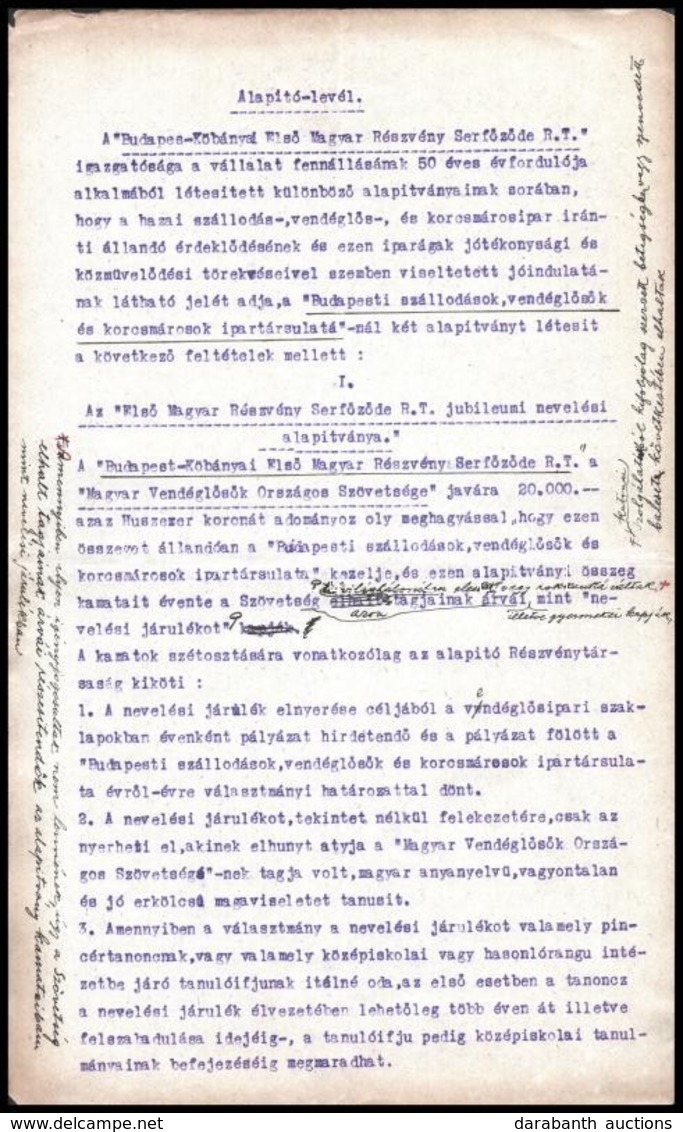 1918 Budapest Kőbányai Első Magyar Sörfőzde Rt. Jubileumi Nevelési Alaptványának Alapító Levele 4 Gépelt Oldal - Ohne Zuordnung